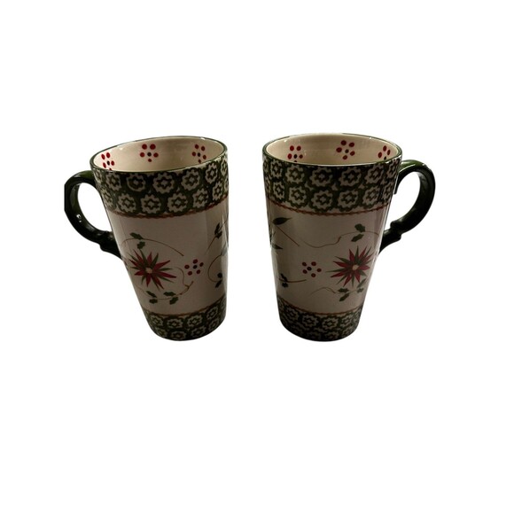 Temptation Old World Green Poinsettia Tall Coffee Mug Cup, 16 Ounce (2) - Picture 4 of 10